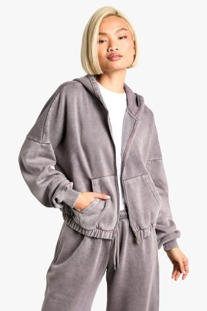 Los Angeles Embroidered Overdyed Boxy Zip Through Hoodie