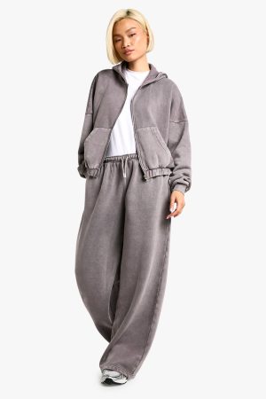 Los Angeles Embroidered Overdyed Boxy Zip Through Hoodie