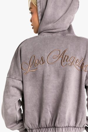 Los Angeles Embroidered Overdyed Boxy Zip Through Hoodie