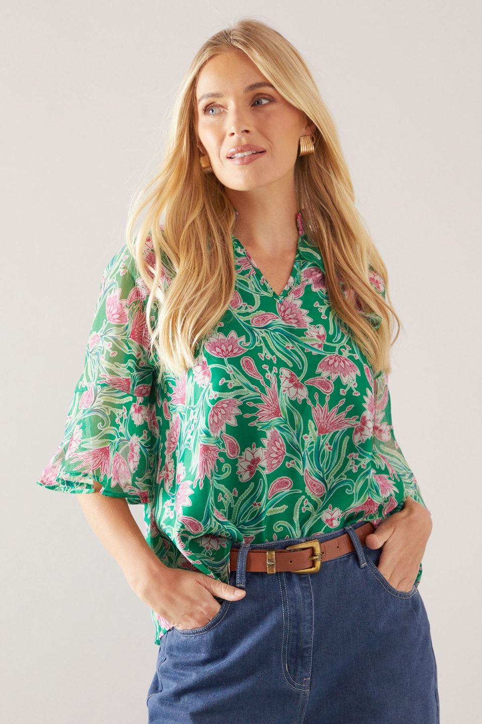 Petite Floral Organza Ruffle ¾ Sleeve Blouse