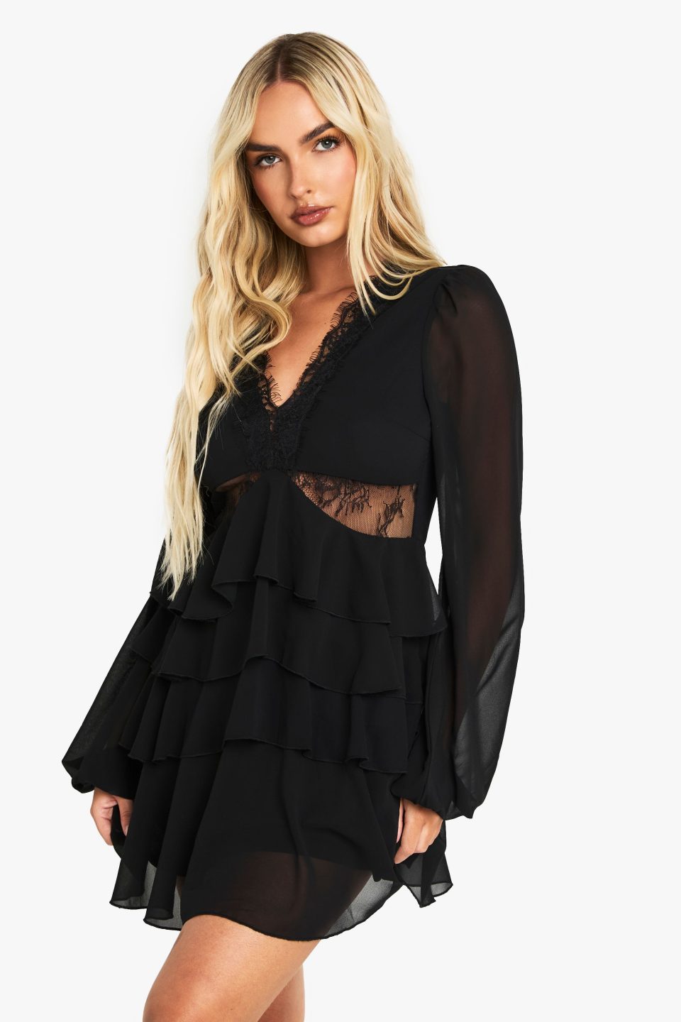 Lace Insert Ruffle Mini Dress