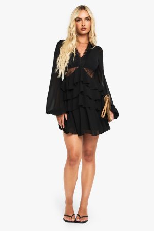 Lace Insert Ruffle Mini Dress