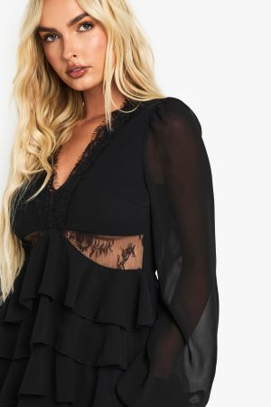 Lace Insert Ruffle Mini Dress