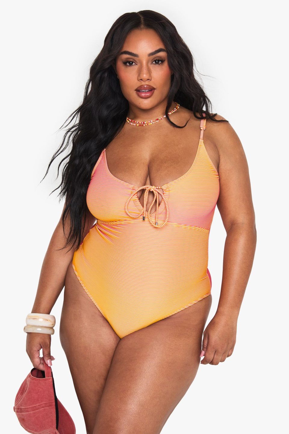 PLUS TEXTURED STRIPE CUTOUT SWIMSUIT
