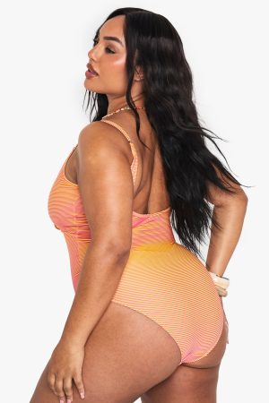 PLUS TEXTURED STRIPE CUTOUT SWIMSUIT