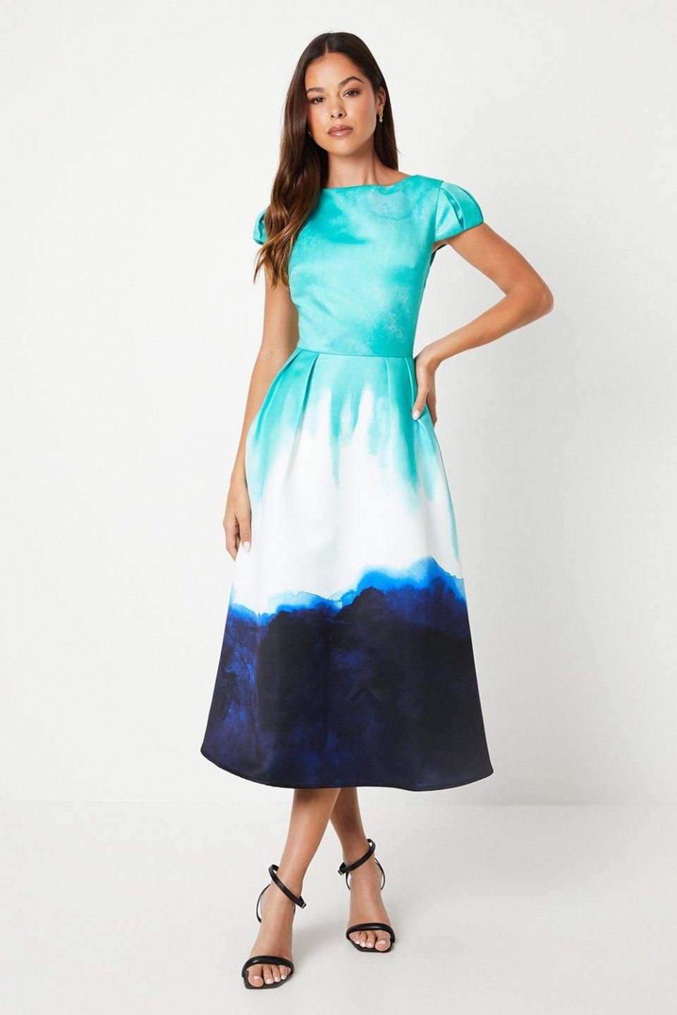 Placement Print Puff Sleeve Satin Midi Wedding Guest Dress