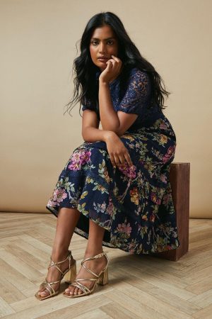 Petite Occasion Floral Lace Bodice Midi Dress