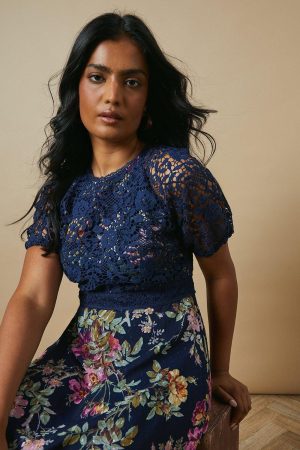 Petite Occasion Floral Lace Bodice Midi Dress