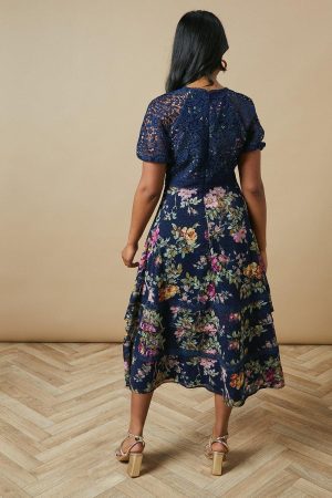 Petite Occasion Floral Lace Bodice Midi Dress