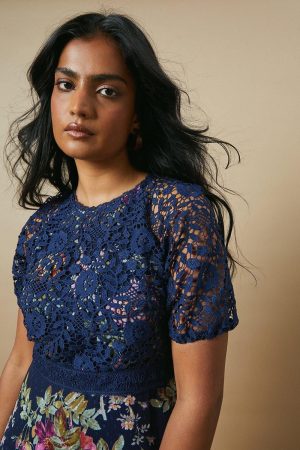 Petite Occasion Floral Lace Bodice Midi Dress