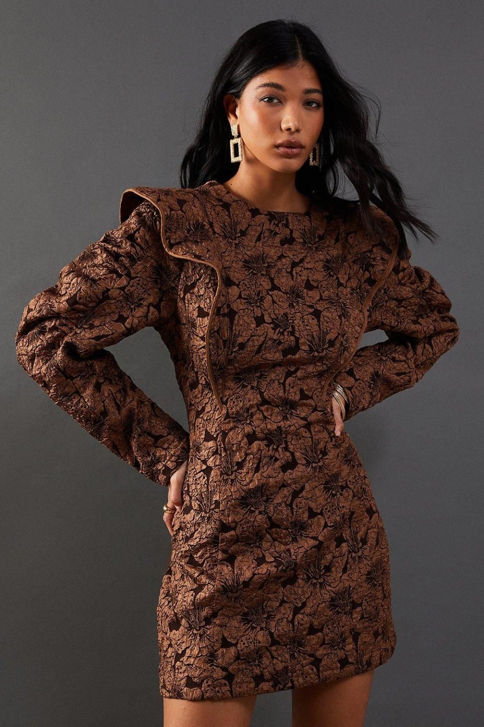 Jacquard Frill Puff Sleeve Shift Mini