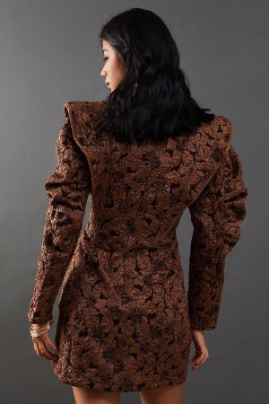 Jacquard Frill Puff Sleeve Shift Mini