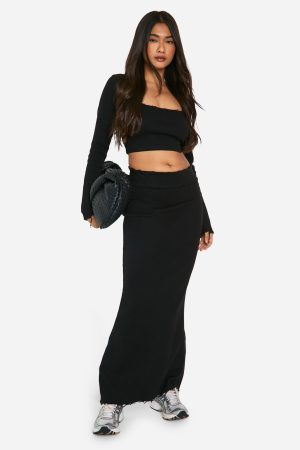Rib Distressed Hem Maxi Skirt