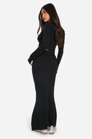 Rib Distressed Hem Maxi Skirt