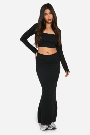 Rib Distressed Hem Maxi Skirt