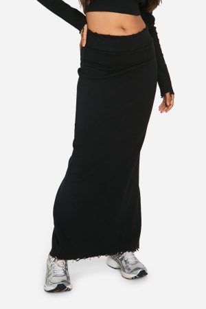 Rib Distressed Hem Maxi Skirt