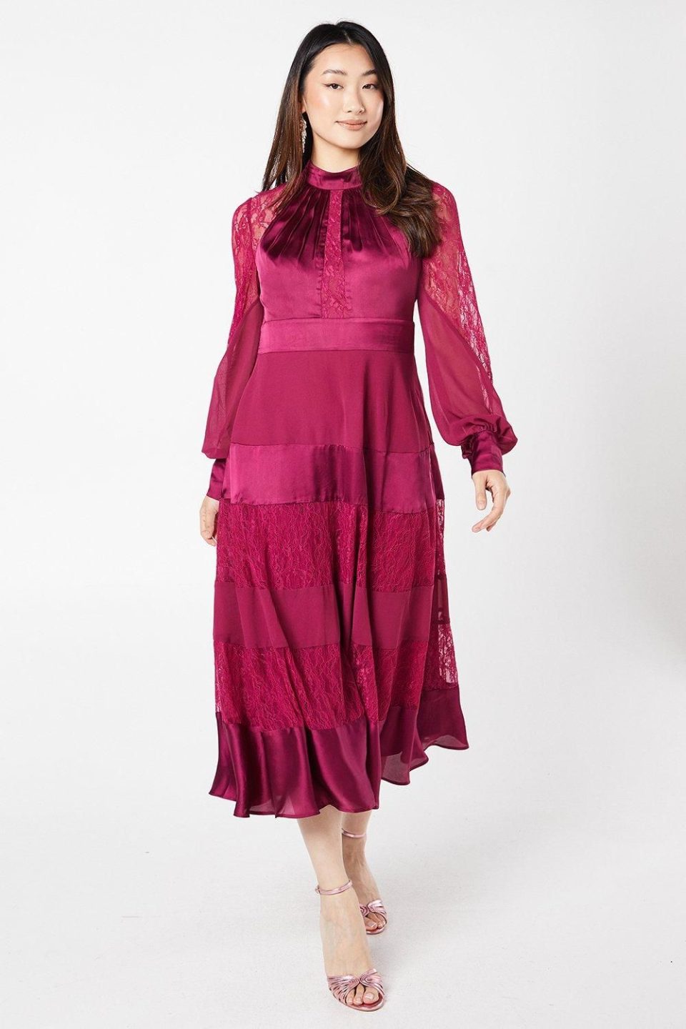 Premium Satin, Lace And Chiffon Mix Midi Wedding Guest Dress