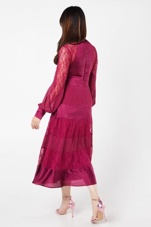 Premium Satin, Lace And Chiffon Mix Midi Wedding Guest Dress