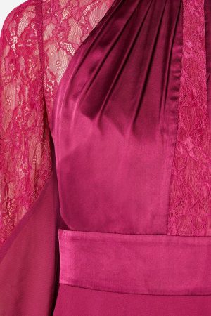 Premium Satin, Lace And Chiffon Mix Midi Wedding Guest Dress