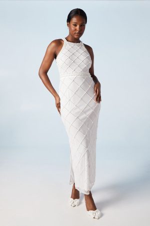 Geometric Halterneck Pearl Column Midi Bridal Dress