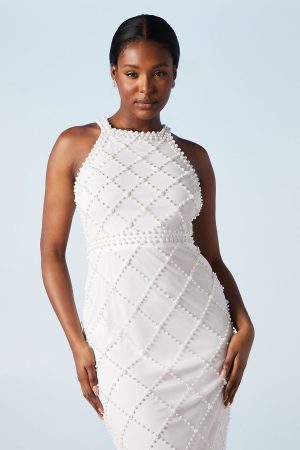 Geometric Halterneck Pearl Column Midi Bridal Dress