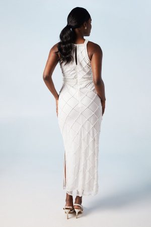 Geometric Halterneck Pearl Column Midi Bridal Dress