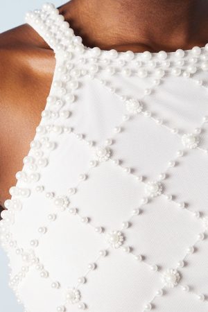 Geometric Halterneck Pearl Column Midi Bridal Dress