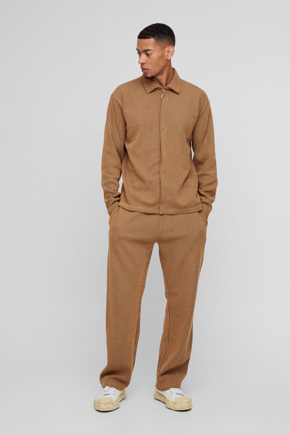 Oversized Two-tone Zip Ribbed Jersey Shirt & Straight Jogger Set