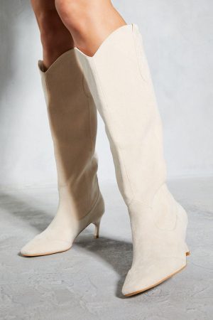 Faux Suede Low Heel Cowboy Boots