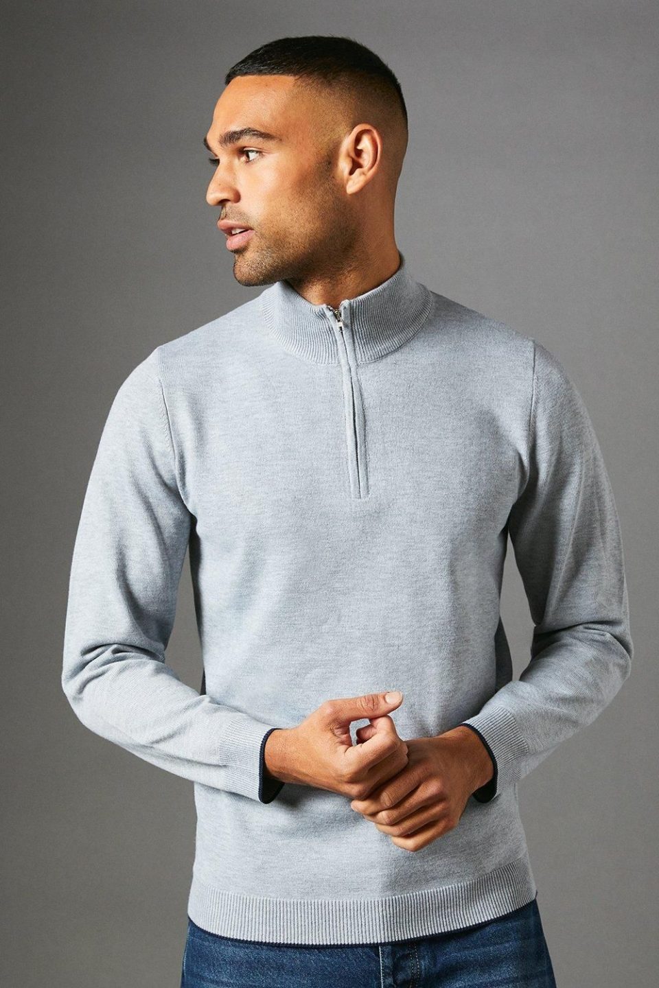 Light Grey Half Zip Knitted Jumper