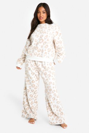 Petite Tonal Leopard Sweat And Wide Leg Jogger Set