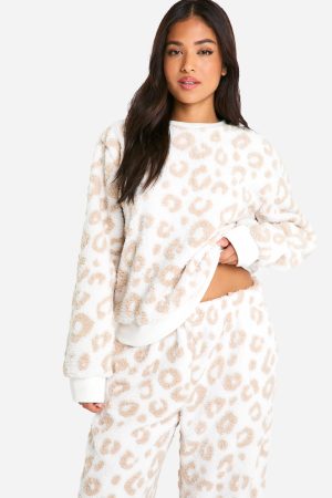 Petite Tonal Leopard Sweat And Wide Leg Jogger Set
