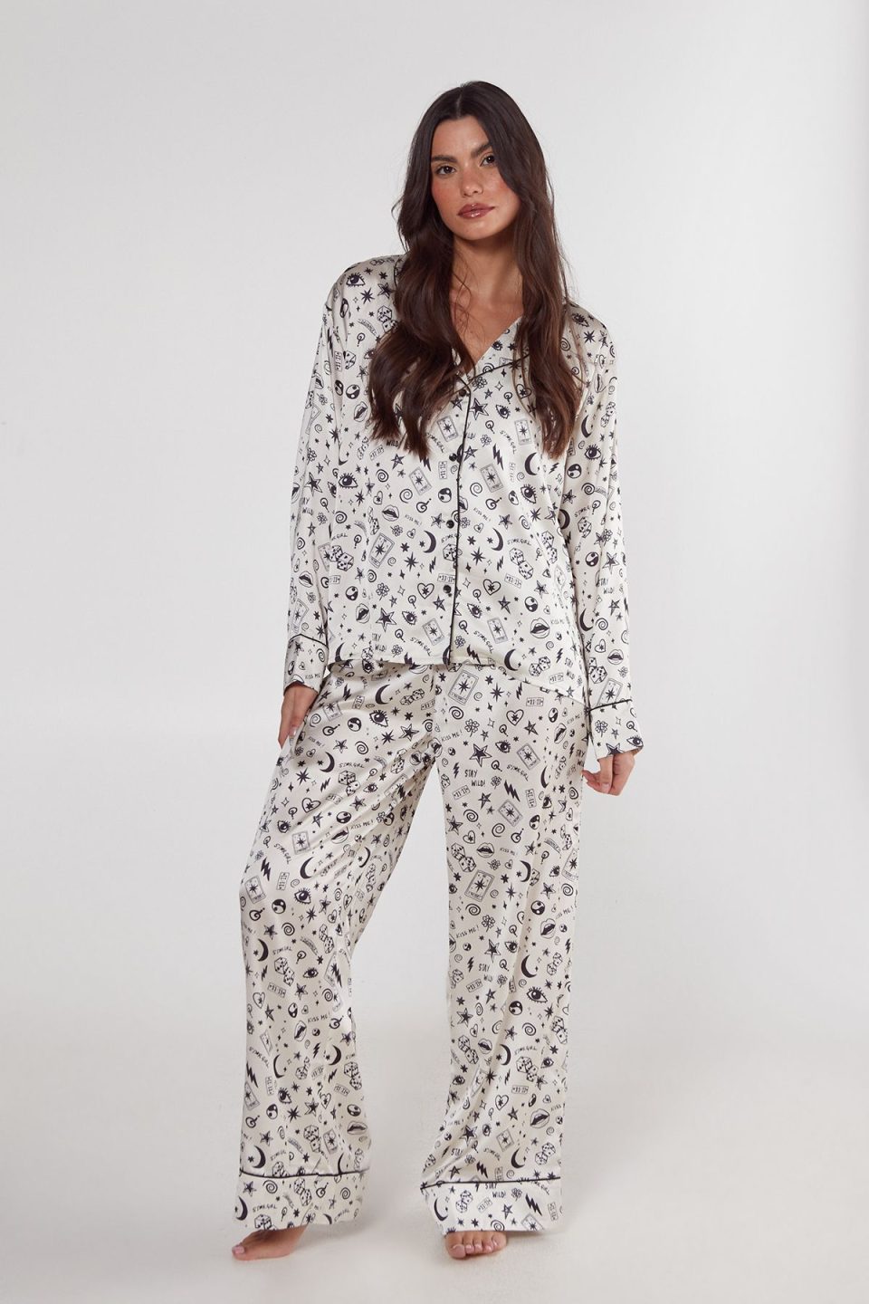 Satin Tattoo Printed Pajama Pants Set