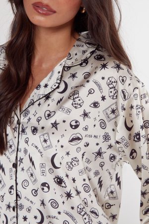 Satin Tattoo Printed Pajama Pants Set