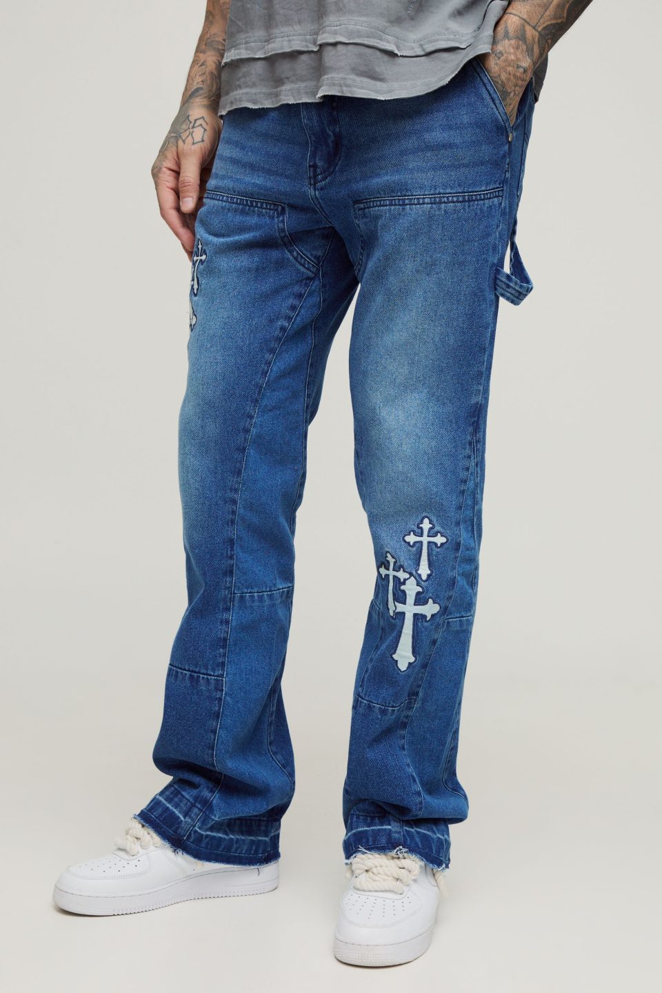 Tall Gothic Cross Applique Carpenter Gusset Jeans