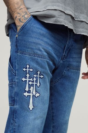 Tall Gothic Cross Applique Carpenter Gusset Jeans