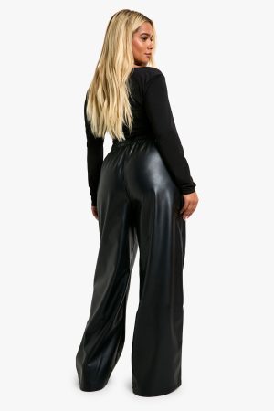 Plus Pu Seam Detail Straight Leg Trousers