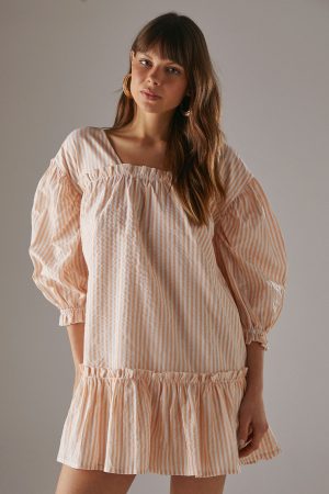 Seersucker Check Frill Balloon Sleeve Mini Smock Dress