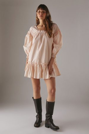 Seersucker Check Frill Balloon Sleeve Mini Smock Dress