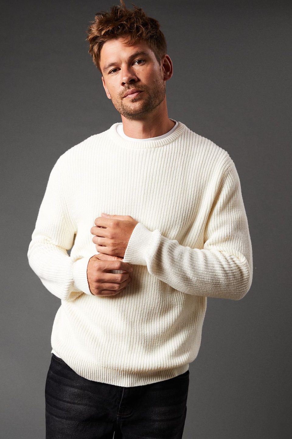 Cotton Rich Ribbed Crew Neck Jumper
