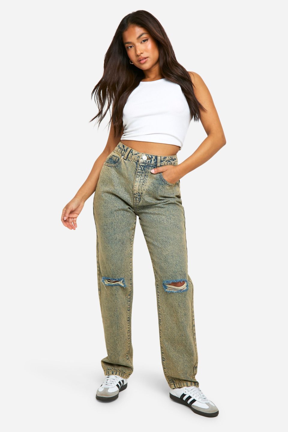 Petite Basics High Waisted Straight Leg Ripped Knee Jeans