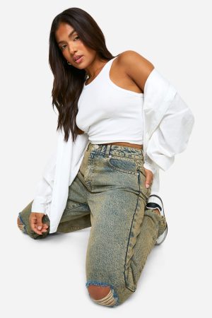 Petite Basics High Waisted Straight Leg Ripped Knee Jeans