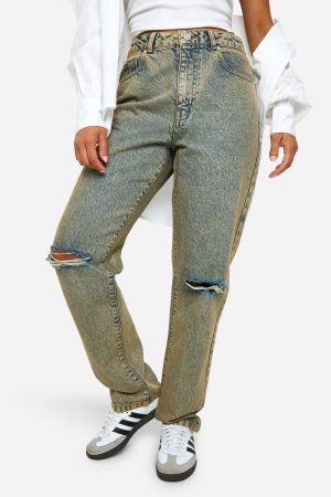 Petite Basics High Waisted Straight Leg Ripped Knee Jeans