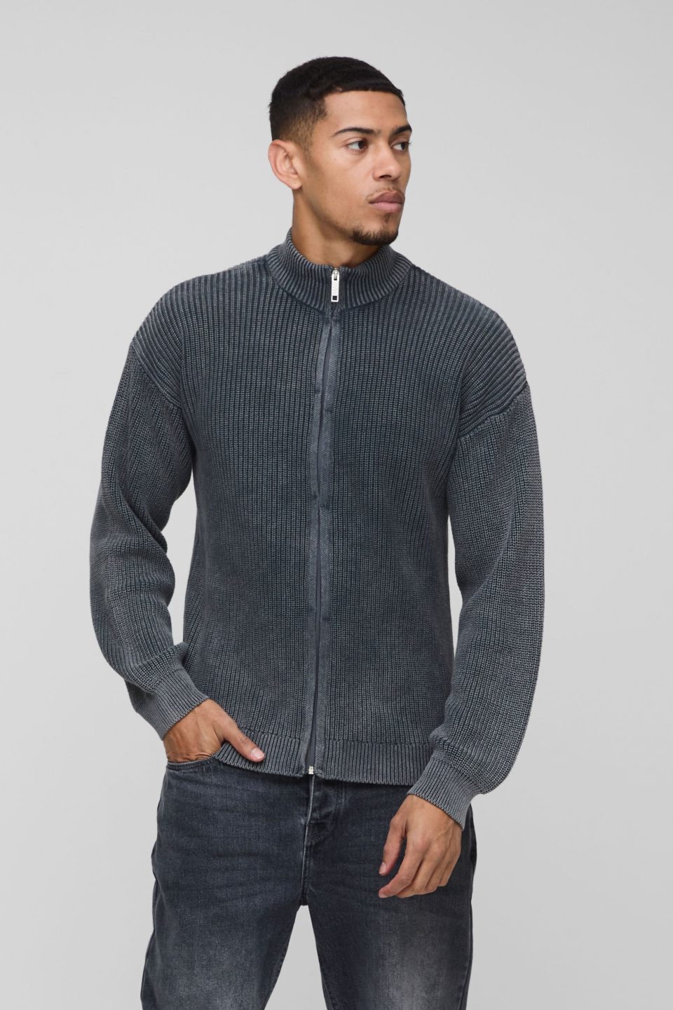 Relaxed Funnel Neck Zip Up Acid Wash Knitted Jumper