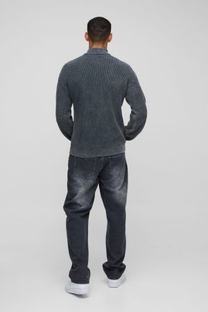 Relaxed Funnel Neck Zip Up Acid Wash Knitted Jumper