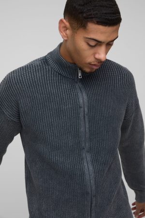Relaxed Funnel Neck Zip Up Acid Wash Knitted Jumper
