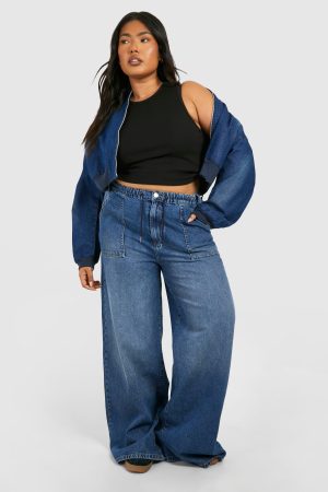 Plus Elasticated Waistband Wide Leg Jeans