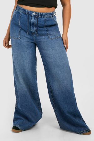 Plus Elasticated Waistband Wide Leg Jeans