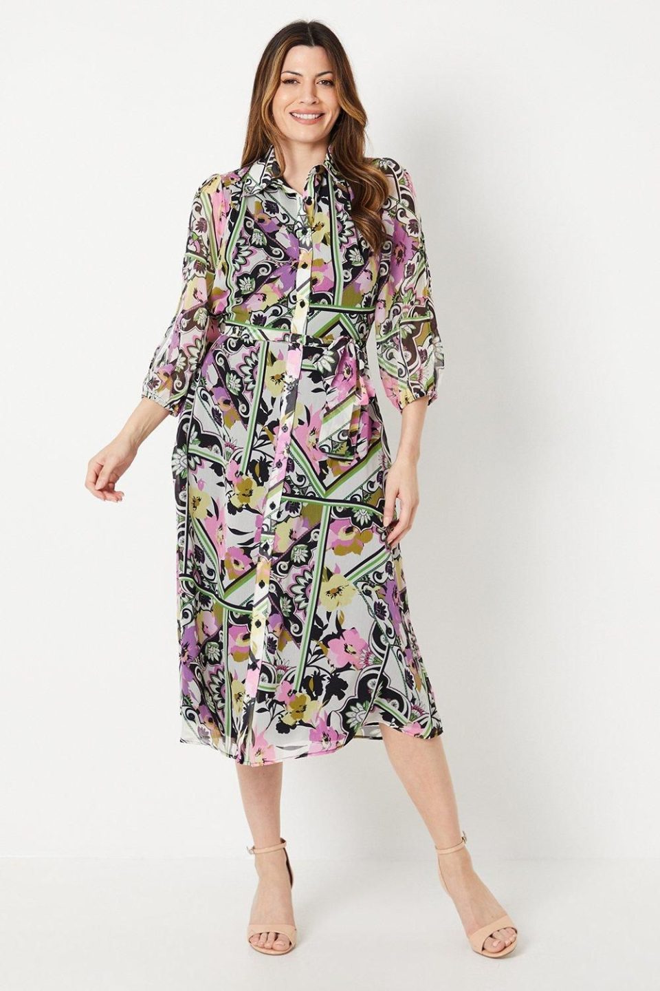 Multi Patchwork Floral Cold Shoulder Shirt Dress