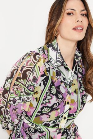 Multi Patchwork Floral Cold Shoulder Shirt Dress